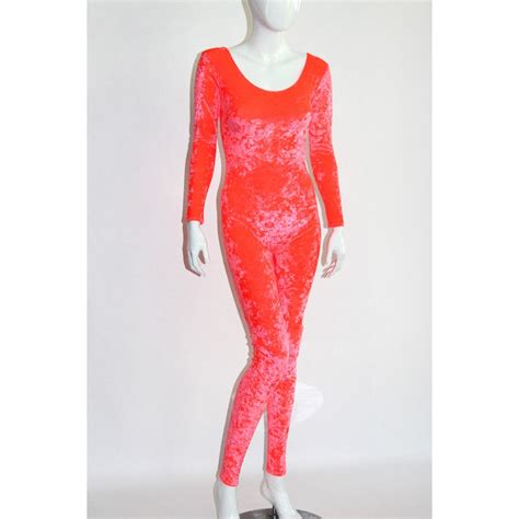 Coral Hot Neon Pink Crushed Stretch Velvet Catsuit Jumpsuit Etsy