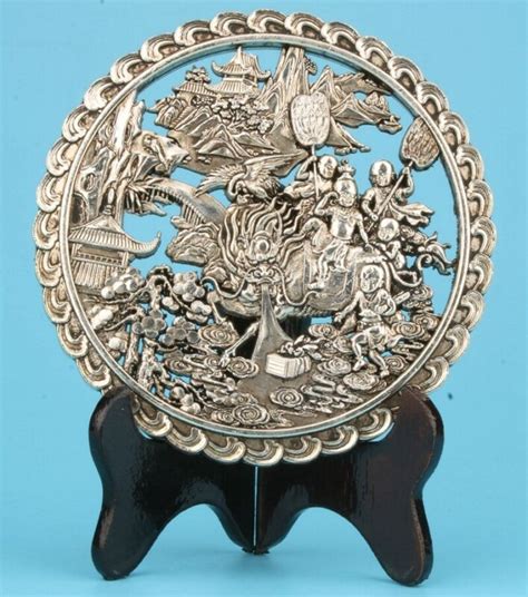 China Tibet Silver Plate Hollowed Out Sacred Dragon Wooden Base
