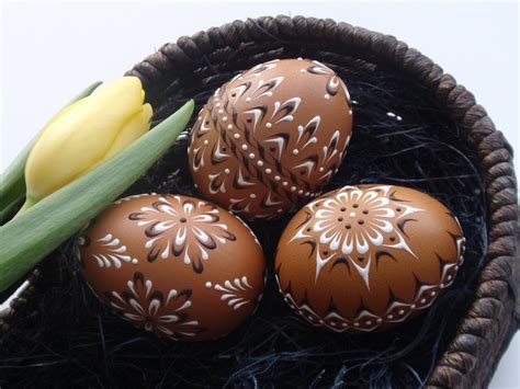 Set Of 3 Decorated Brown Chicken Eggs Polish Pysanky Wax