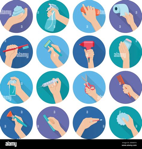 Hand Holding Personal Hygiene Objects Flat Icons Set Isolated Vector