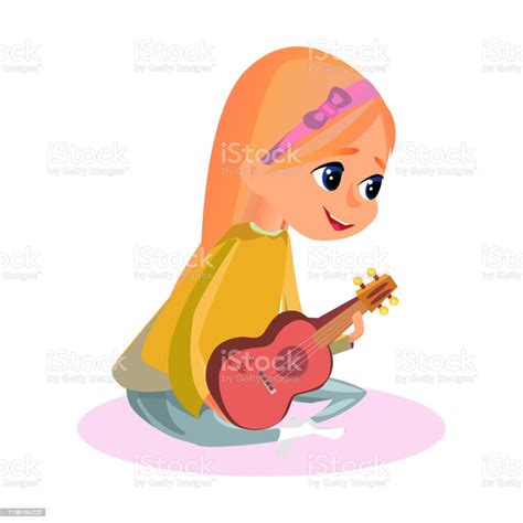 Little Cartoon Girl Play Hawaiian Guitar Ukulele Stock Illustration