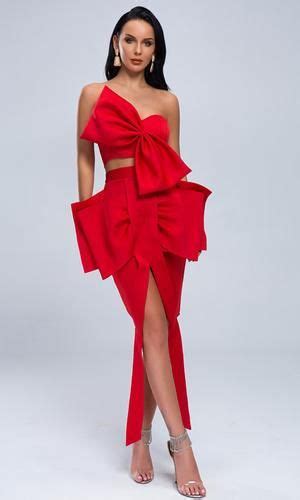 Last Dance Red Strapless Bow Crop Top Bow Bodycon Two Piece Midi Dress