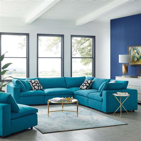 Commix Down Filled Overstuffed 5 Piece Sectional Sofa Set In Teal