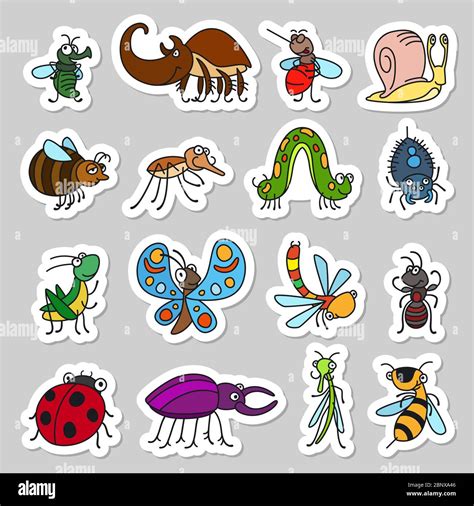 Vector Funny Insects And Cute Bugs Stickers Set Stock Vector Image