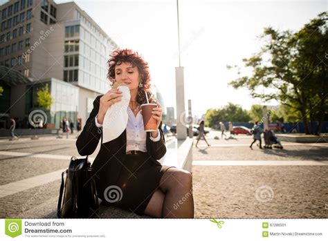 Hurry Life Business Woman Eating In Street Stock Image Image Of