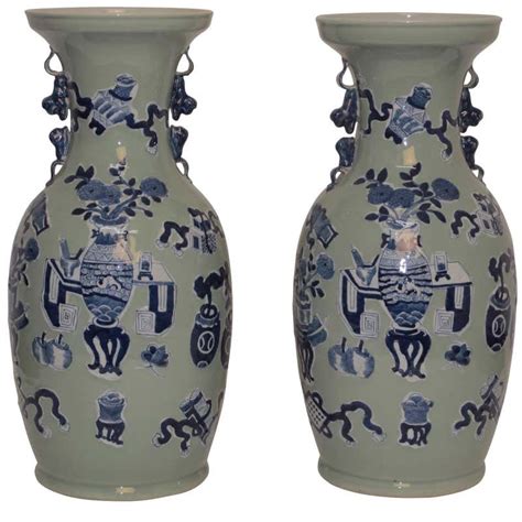 Pair Of Celadon Vases With Under Glaze Blue Scholar Symbols 19th