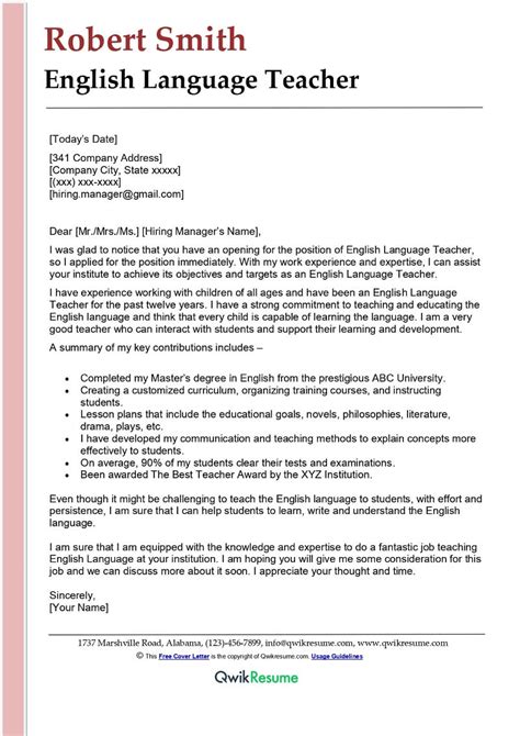 English Language Teacher Cover Letter Examples Qwikresume