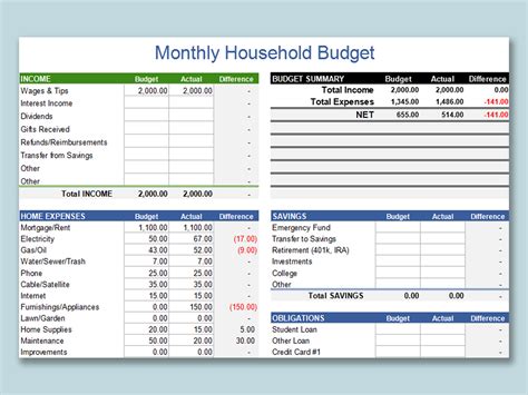 Excel Of Monthly Household Budgetxlsx Wps Free Templates