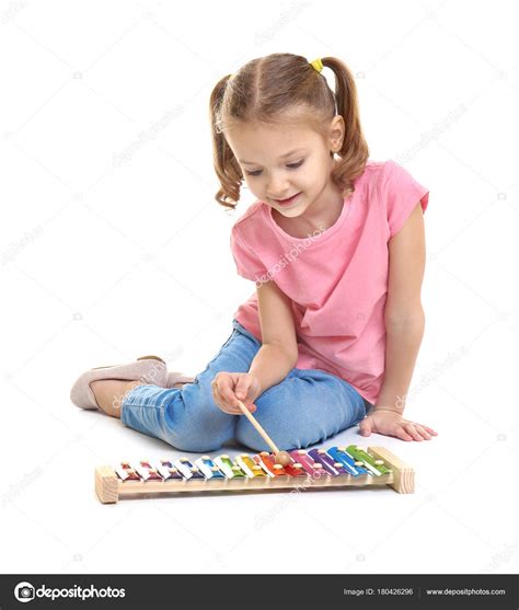 Cute Little Girl Playing Xylophone White Background Stock Photo By