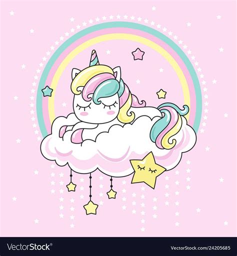 Cute Kawai Rainbow Unicorn Sleeping On A Cloud On A Pink Background