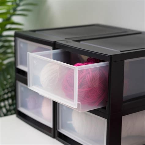 Iris 4 Compartment 4 Drawers Black Stackable Plastic Drawer 4 Pack In