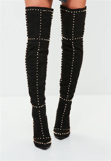 Lyst Missguided Black Multi Studded Thigh High Boots In Black
