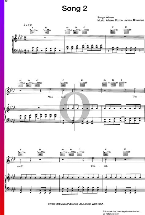 Song 2 Spartito Pianoforte Chitarra Voce Oktav