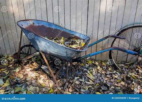 Antique Rusty Wheelbarrow Stock Image Image Of Fence 226594599