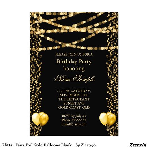 Glitter Faux Foil Gold Balloons Black Birthday Invitation | Zazzle.com ...