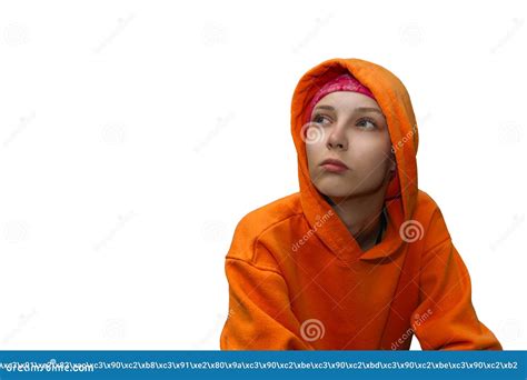 Portrait Of A Teenage Girl In A Hoodie Isolated On White Background