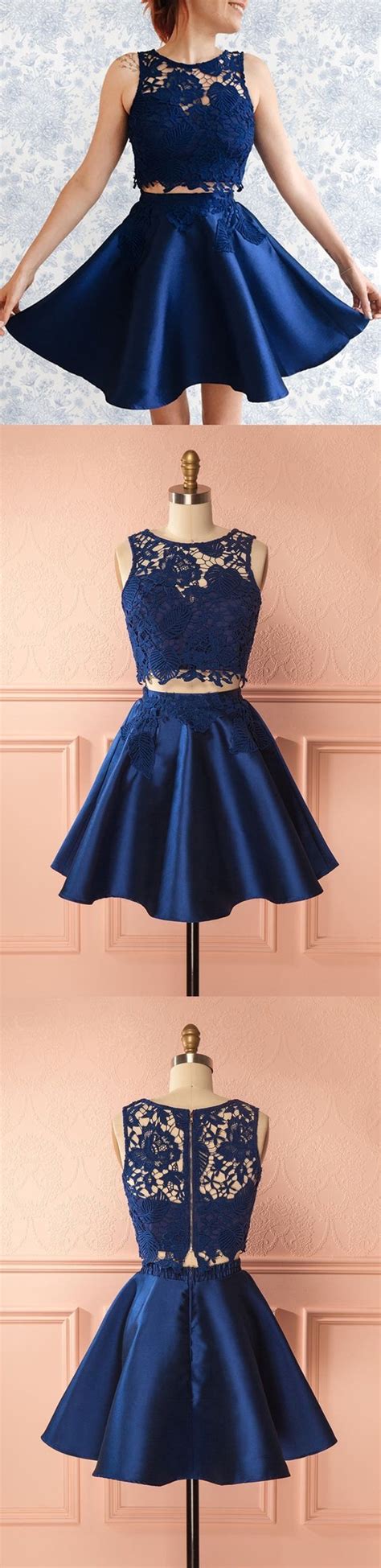 Navy Blue Lace And Satin Two Piece Prom Dressessleeveless Two Piece