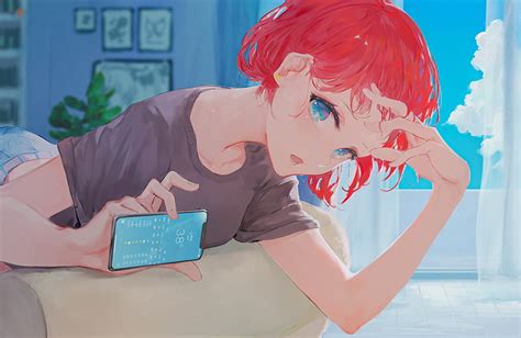 Anime Original Girl Red Hair Blue Eyes Smartphone Short Hair