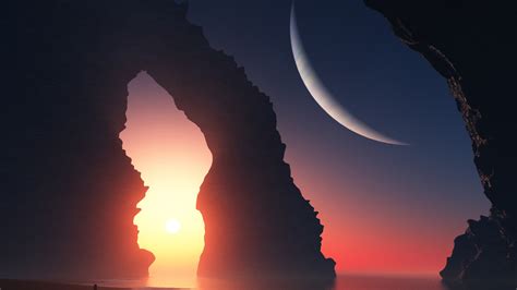 1920x1080 Landscape Art Arch Sunset Rocks Sea Girl Planet Coolwallpapers Me