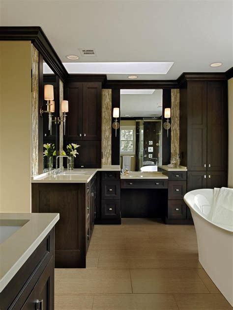 This Contemporary Master Bathroom Has Warm Brown Cabinetry Caesar