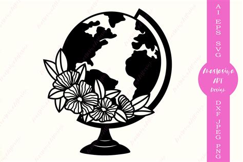Floral Globe Svg Cut File World Map Dxf Earth Silhouette