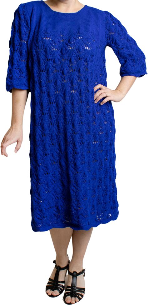 Vintage 70s Crochet Bold Royal Blue Tunic Dress With Half Length Bell