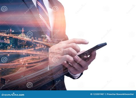 The Double Exposure Image Of The Businessman Using A Smartphone During