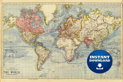 Digital Pastel Colors World Map Printable Download Vintage World Map