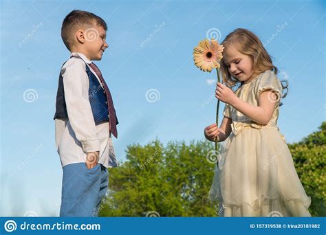 The Boy Gave The Girl A Flower Stock Photo Image Of Little Happiness