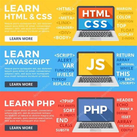 Learn HTML and CSS, learn Javascript and PHP flat illustration concepts ...