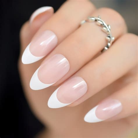 24pcs Light Pink Sharp Stiletto French Nails Medium White Tips