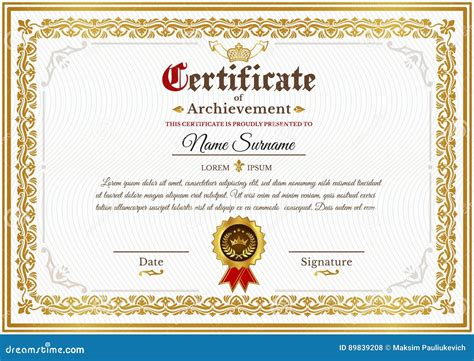 Vector Certificate Template With Golden Vintage Ornament Stock Vector