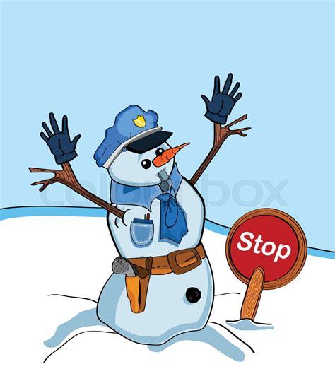 Illustration Of Funny Snowman With Police Suit And Stop Sign Stock Vector Colourbox