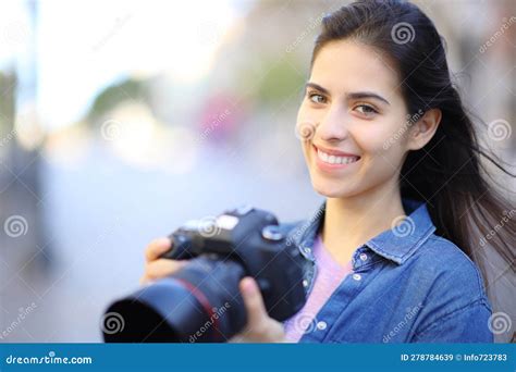 Happy Photographer Looking At Camera In The Street Stock Image Image