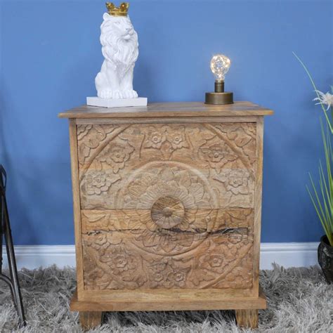 Mango Wood Bedside Cabinet With Carved Drawer Bedroom Furniture