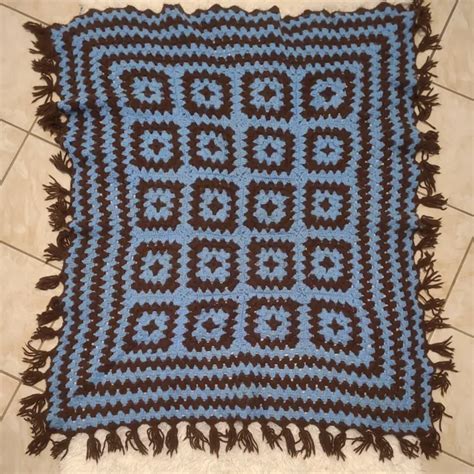 Vintage Granny Square Black Afghan Crochet Throw Blanket Roseanne X