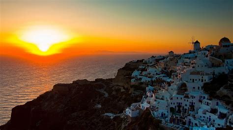 Santorini During Sunset Aegean Sea Coast Greece Hd Travel Wallpapers