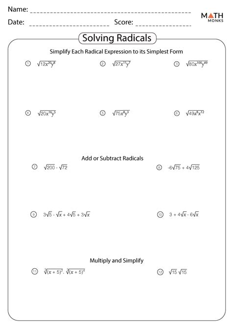 Simplifying Radicals Worksheets Numbers Only