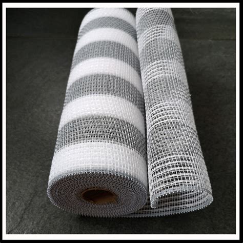 10 Inch Deco Mesh Roll White And Grey Stripe