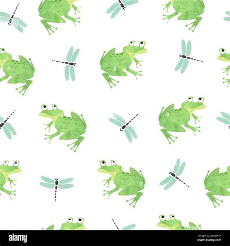 Seamless Green Frog Pattern Vector Watercolor Illustration With Frogs