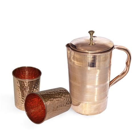 Buy Copper Store Drinkware Pure Copper Pitcher Jug With 2 Tumbler Glass Set For Ayurvedic