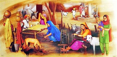 Village Life In Punjab Punjabi Culture Rajasthani Painting Village Scene Drawing