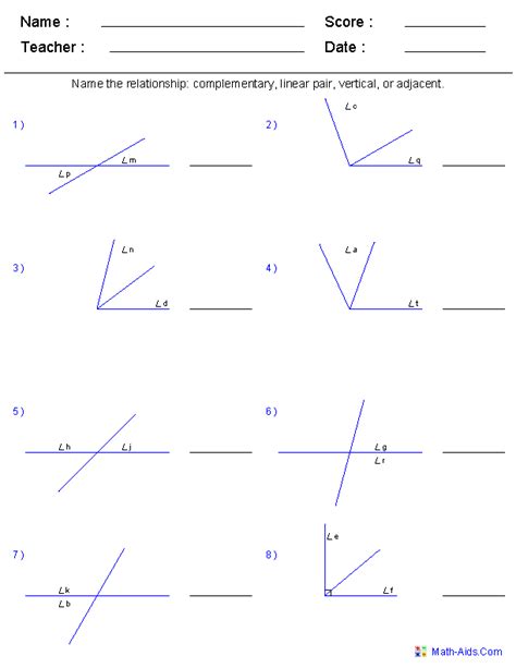 The angles opposite each other when two lines cross. Geometry Worksheets | Angles Worksheets for Practice and Study