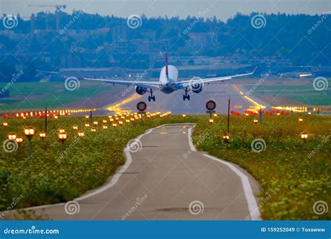 Airplane Landing At Airport Runway Stock Image Image Of Travel
