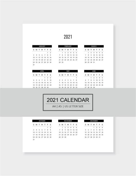 2021 Calendar Printable Year At A Glance Calendar 2021 Etsy