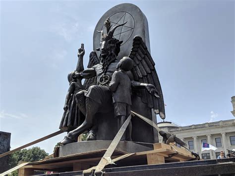 Satanic Temple Protests Ten Commandments Monument With Baphomet Statue