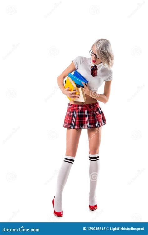 Blond Woman In Schoolgirl Clothing Holding Pile Of Books Stock Image Image Of School Blond