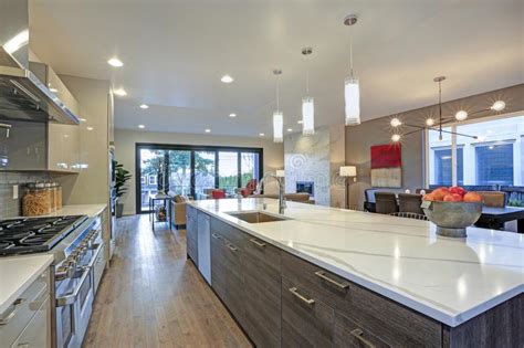 Sleek Modern Kitchen Design With A Long Center Island Stock Photo