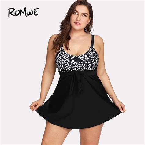 Romwe Sport Dot Print Swim Dress New Arrivals Summer Plus Size Black Women Swimsuit Push Up