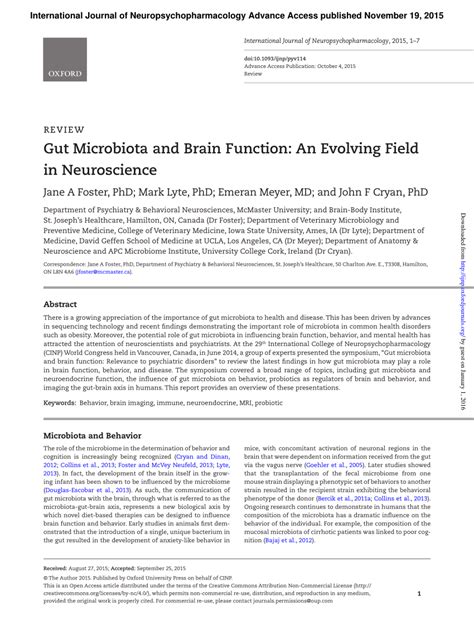 Pdf Gut Microbiota And Brain Function An Evolving Field In Neuroscience